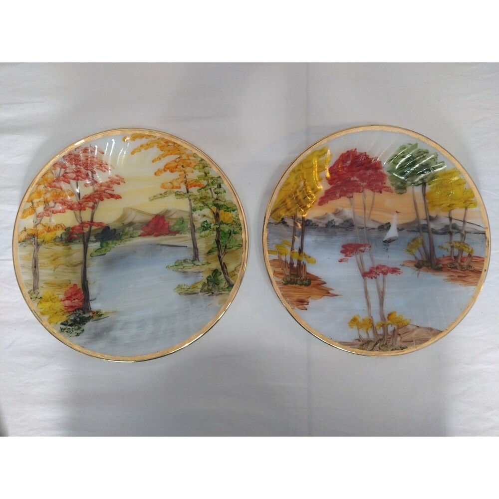 Set of 2 Anchor Hocking Fire King Hand Painted Plates Unsigned Lake Scenes Boat